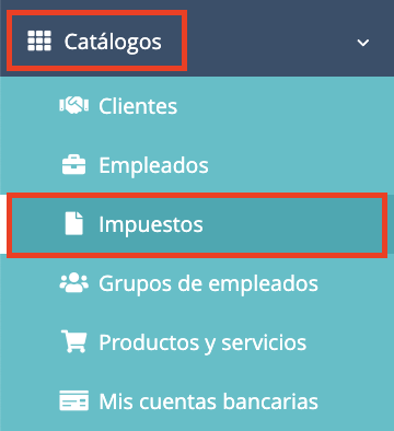Menú lateral izquierdo Catálogos – Impuestos